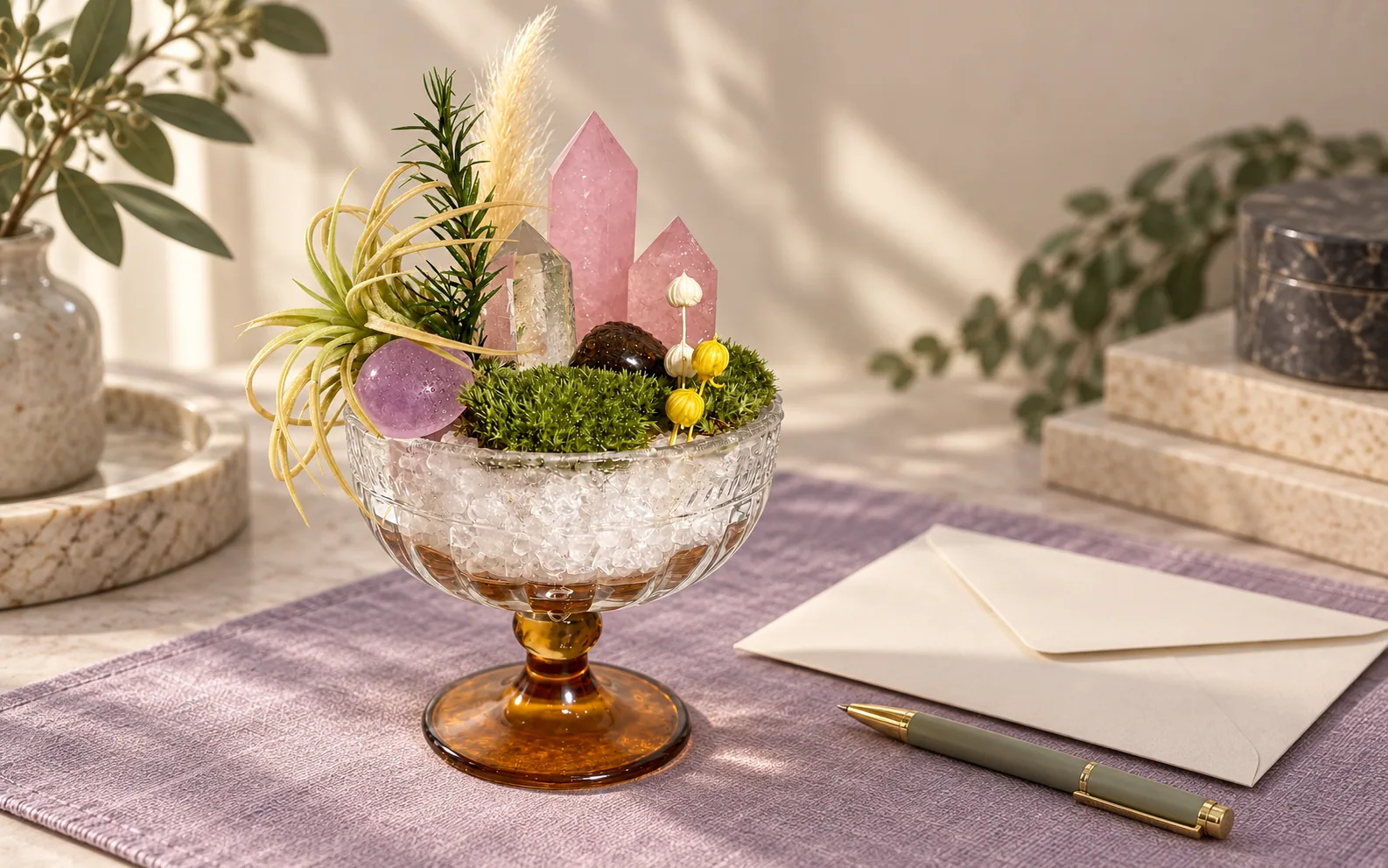 A glass crystal garden beside an envelope and pen.