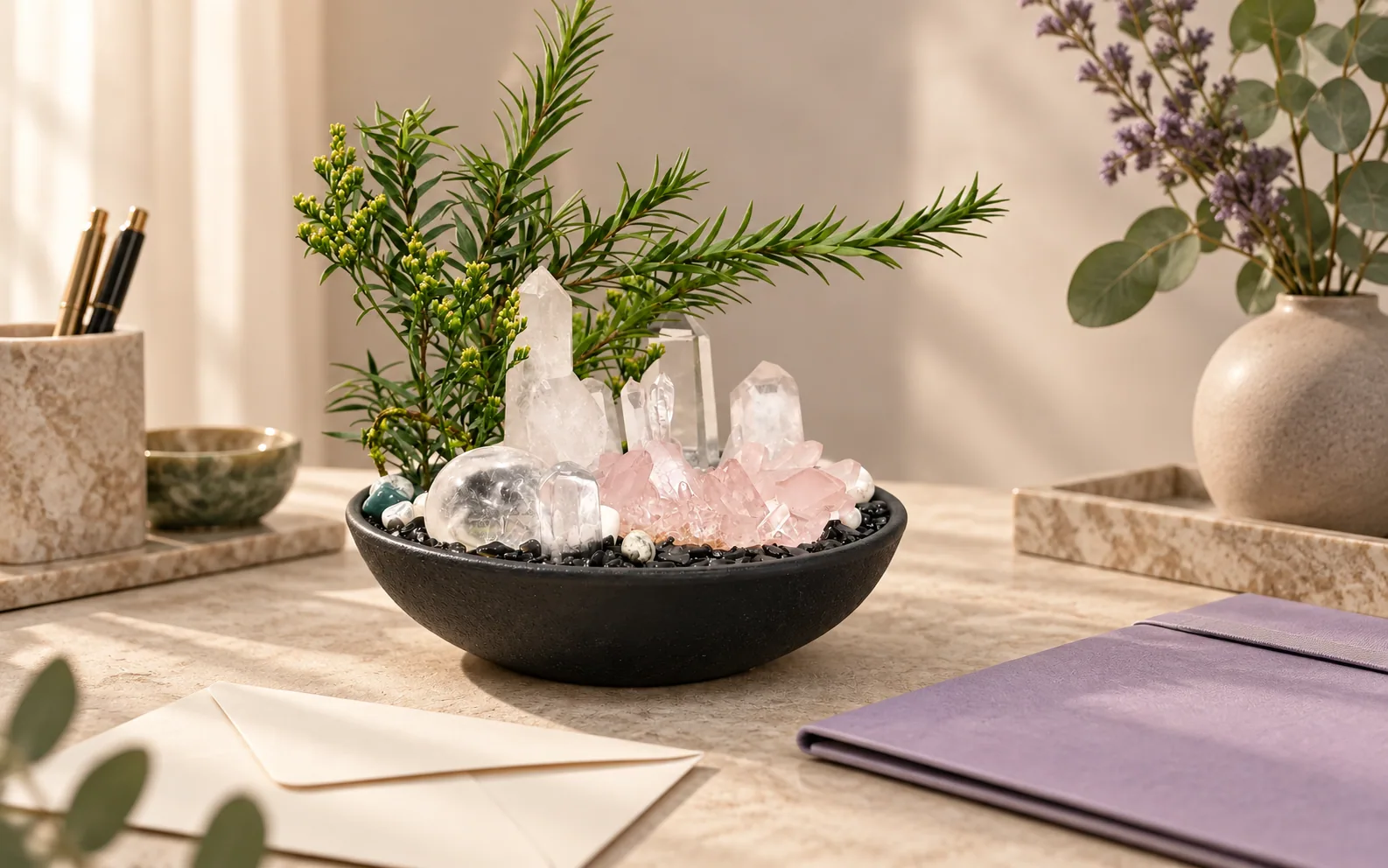 Rose quartz garden beside a closed envelope and lavender folder.