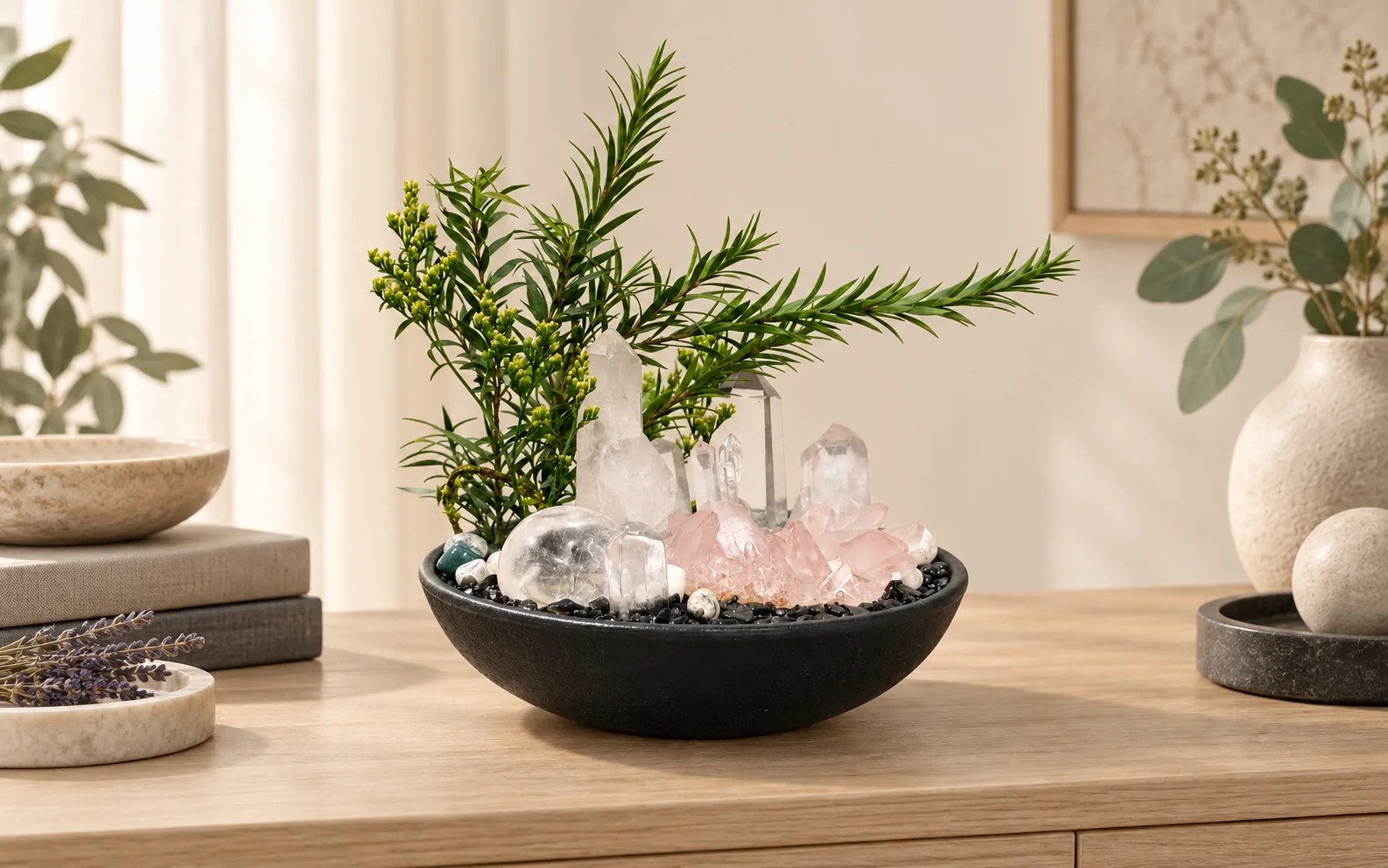 A rose quartz garden displayed on a stable console in soft indirect light.
