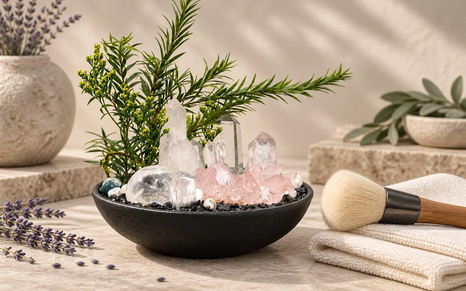 A crystal bowl beside a dry soft brush and folded cloth.