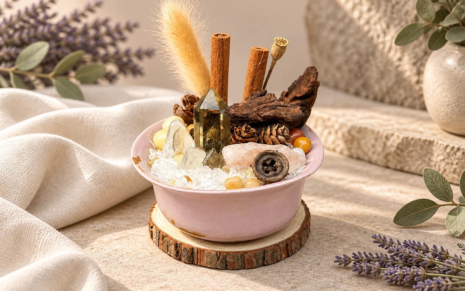 Pink ceramic crystal bowl on its wood base with a soft cloth nearby.