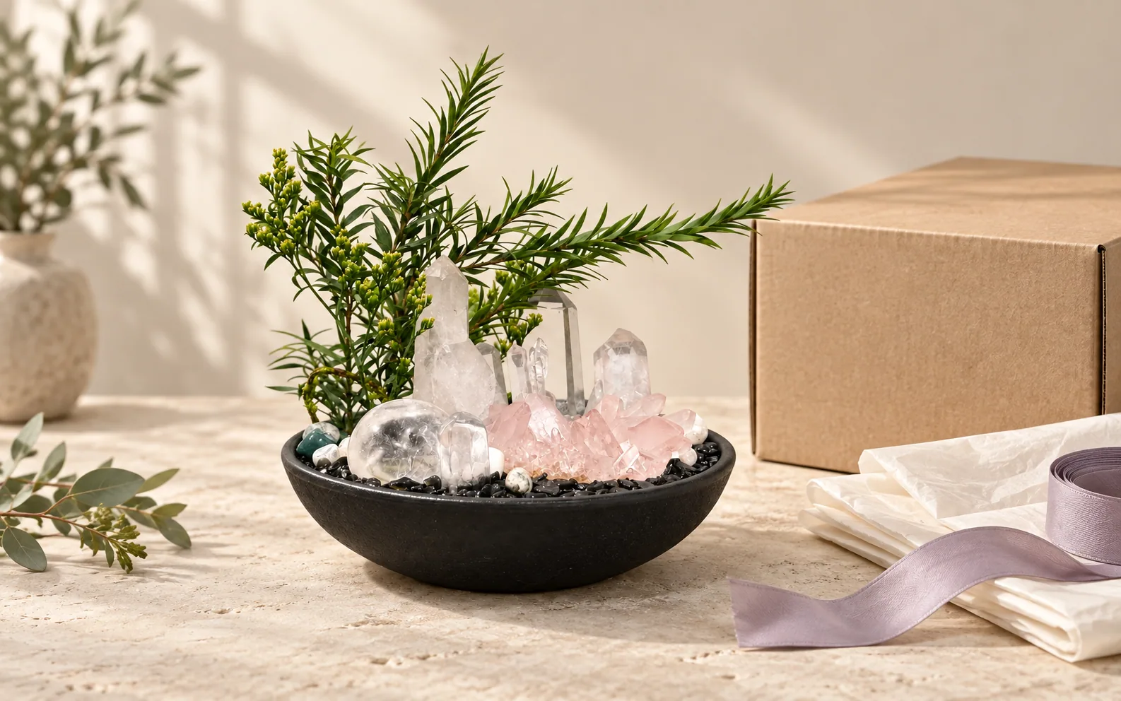 Quiet Rose crystal bowl beside a plain parcel and ivory tissue.