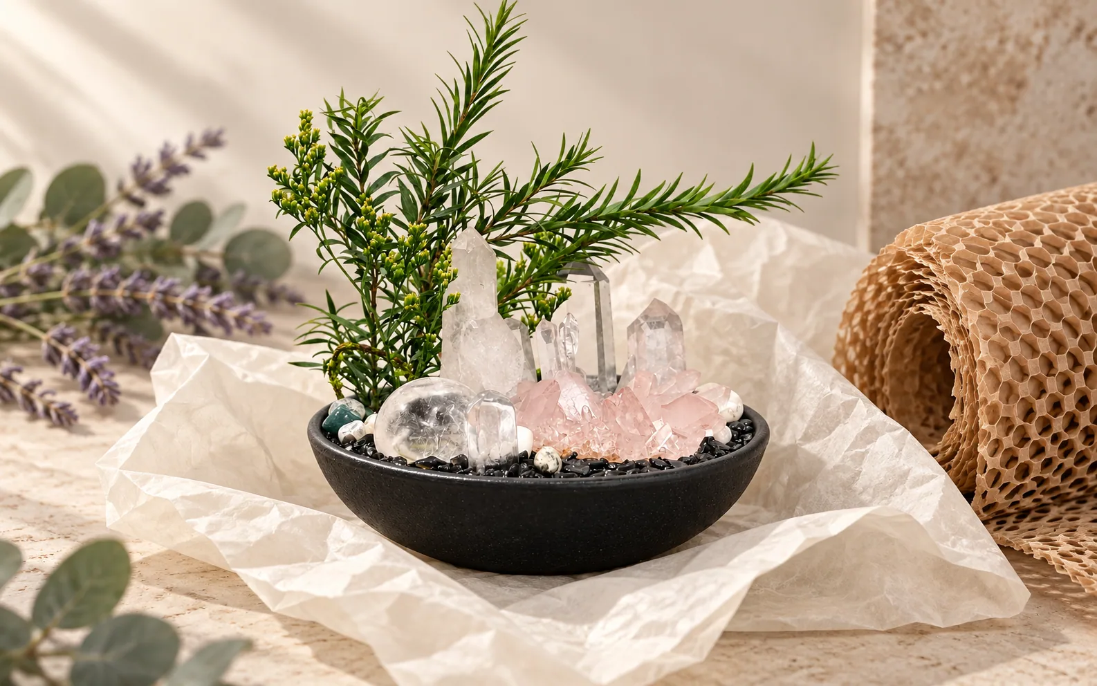 A black crystal bowl with tissue and honeycomb packing paper.