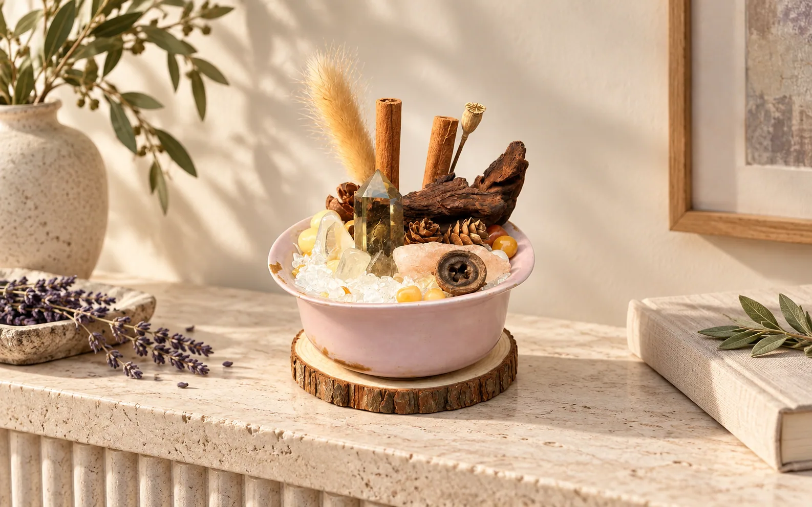 Woodland Amber crystal garden on an ivory console beside a linen book.
