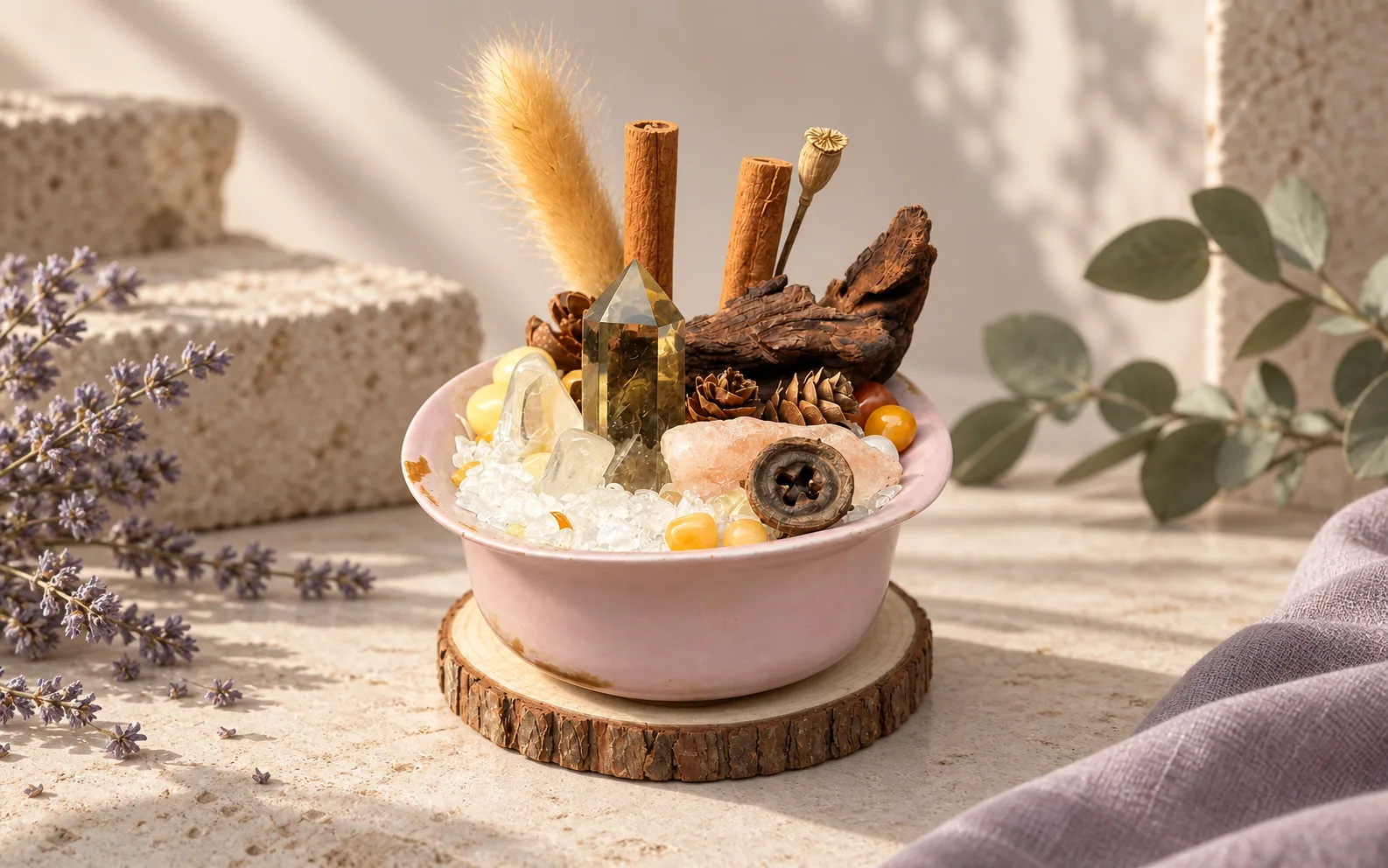 Amber and clear crystals, botanical textures and a pink ceramic vessel.
